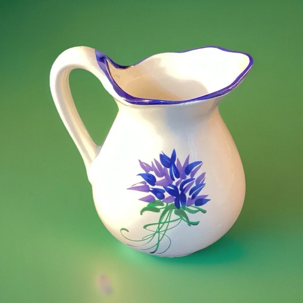 Blue and Purple Cornflower‎ Pincushion Vtg Pitcher Vase Jug Ceramic Decor 5.5
